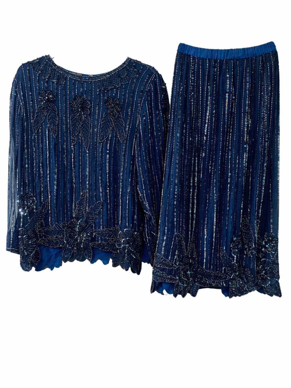 Vintage Mark & John II 100% Silk Beaded Sequin Skirt Set Sapphire Blue Midi M
